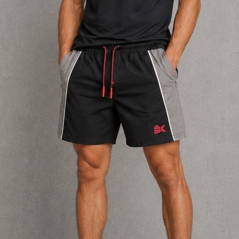 BK Mens Athletic Colorblock Shorts Black Grey Red Zipper Pocket Size Small